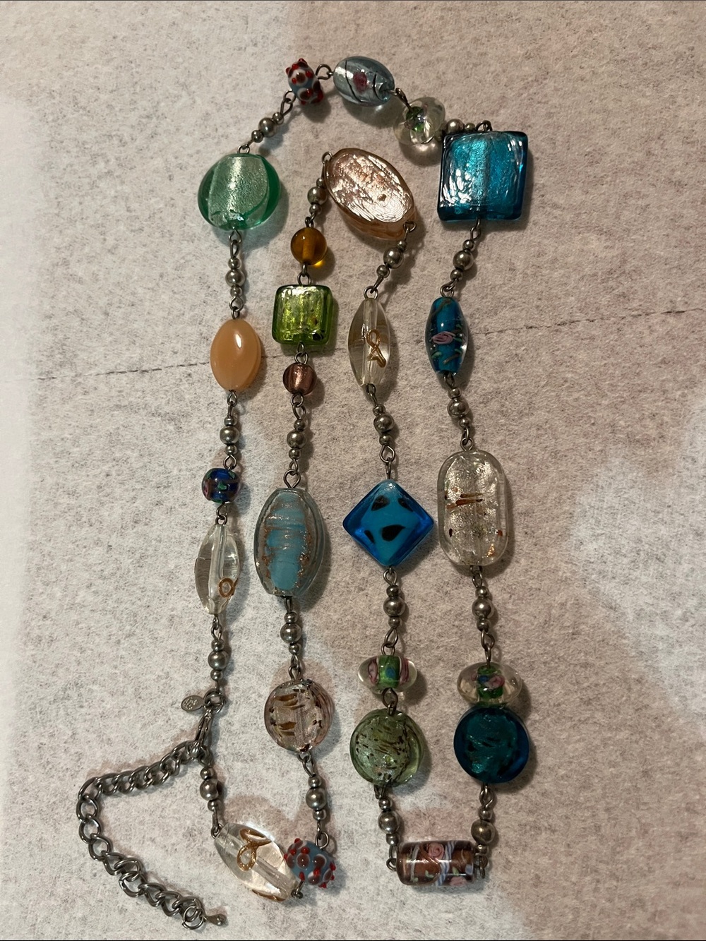 Necklace Lamp work Women’s Foil Glass Beads Venetian Silver Beads 32” 3” Ext Vtg